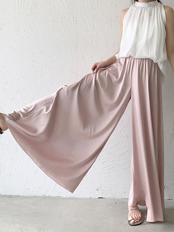 Elasticity Pleated Solid Color High Waisted Loose Pants Culotte
