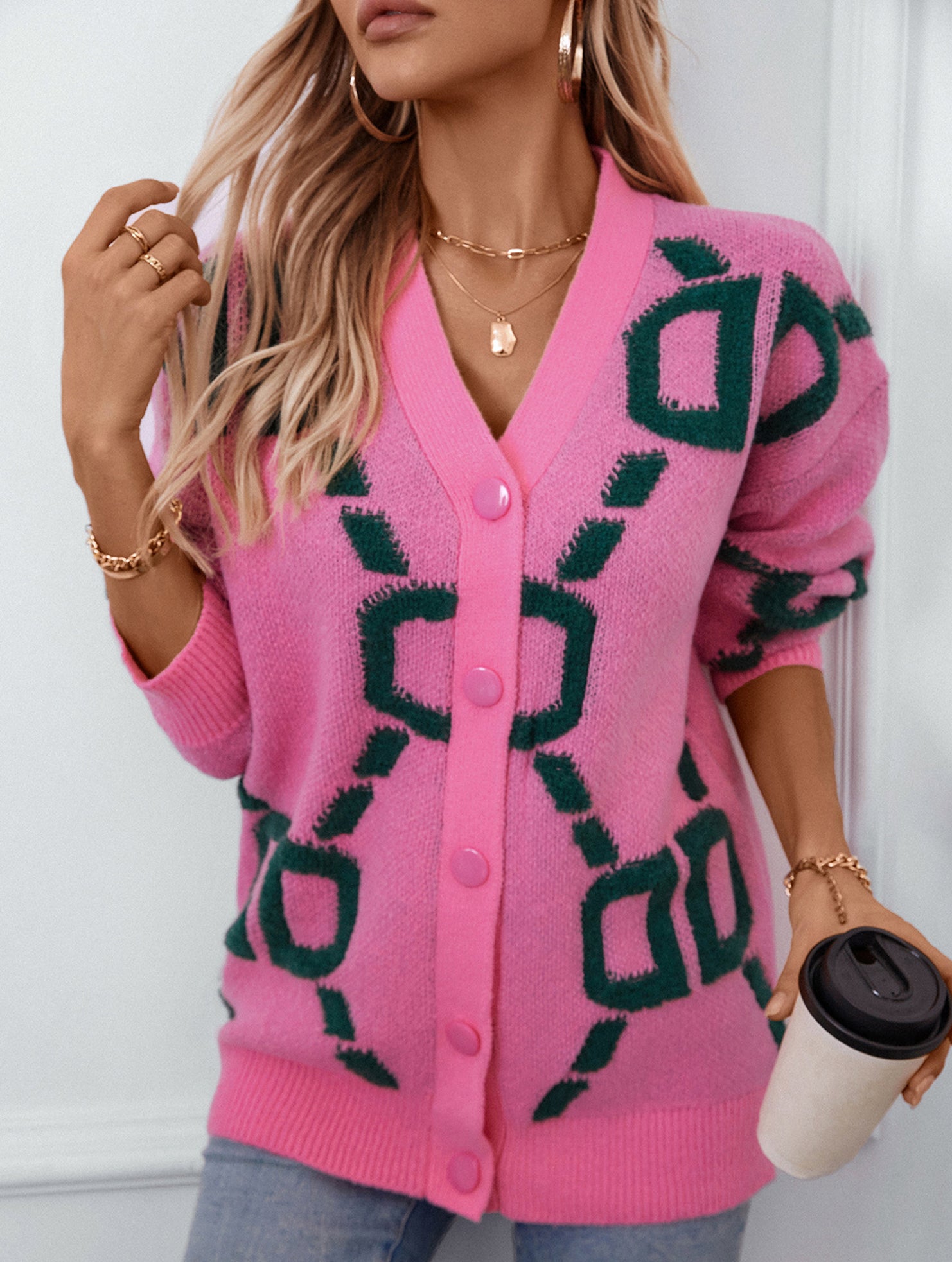 Letter Embroidered Button Knit Long Cardigan