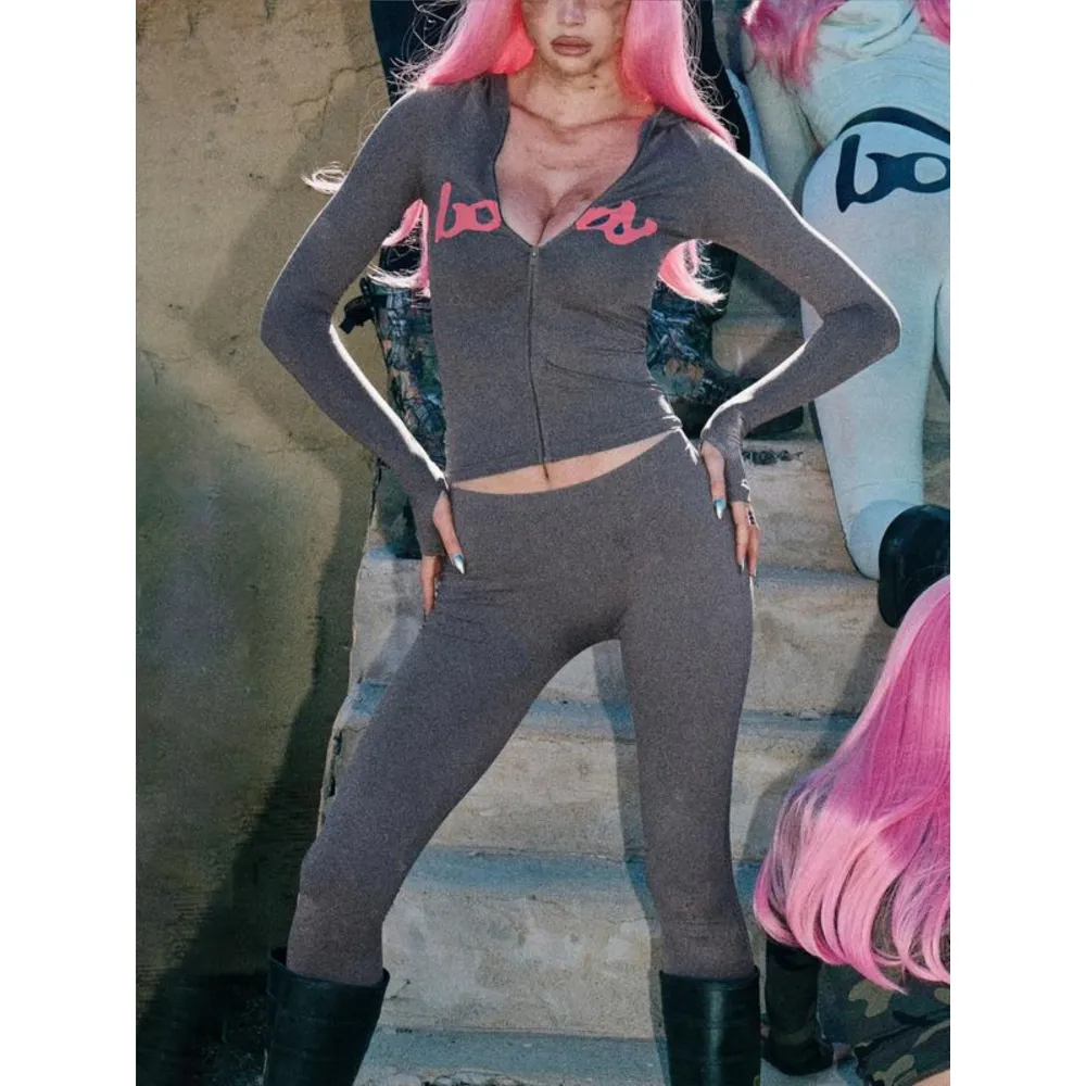 Women's Fall Winter Hooded Letter Print Zipper Jacket and Pants Set