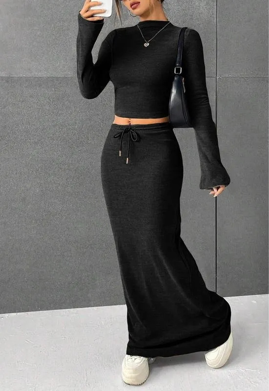 Women's Solid Flounce Sleeve Crop Tee & Skirt Two-piece Set