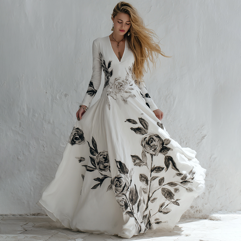 Women's Vintage Floral Art V-neck Long Sleeve Maxi Dress