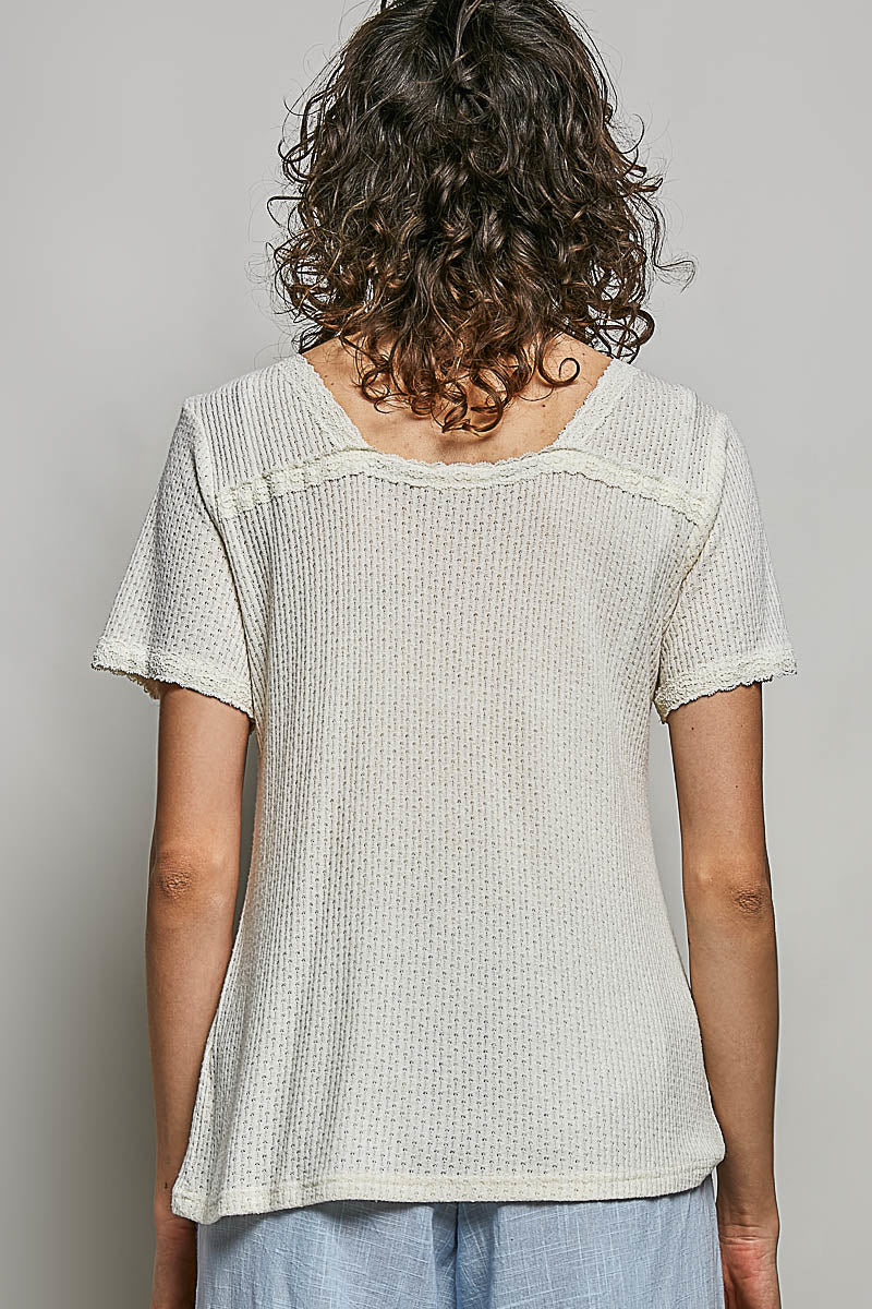 POL Lace Detail V-Neck Short Sleeve Textured T-Shirt