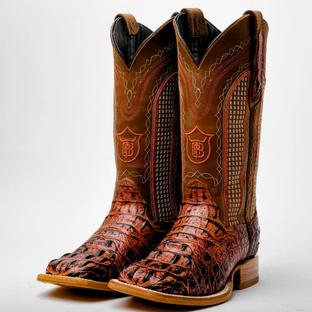 Cognac Caiman Neck Leather Boots - Square Toe