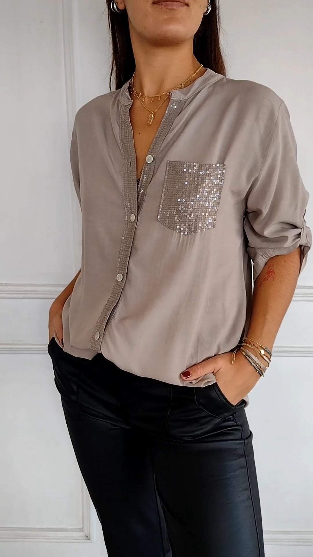 Women Cotton V-neck Sequin Mid-sleeve Casual Top