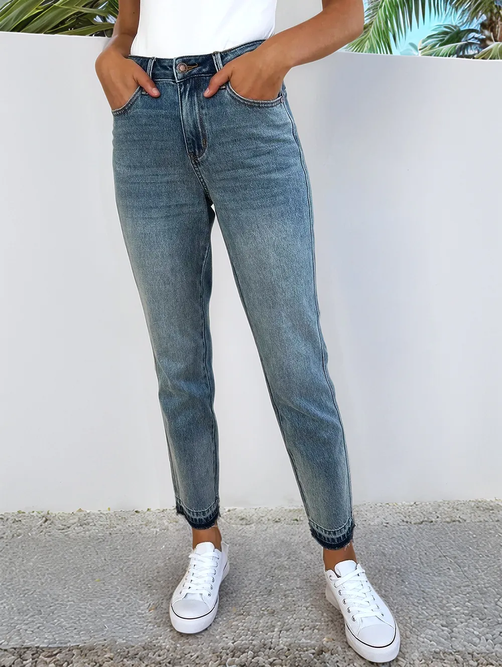 Blue Full Size Mid Rise Rigid Magic Release Hem Jeans