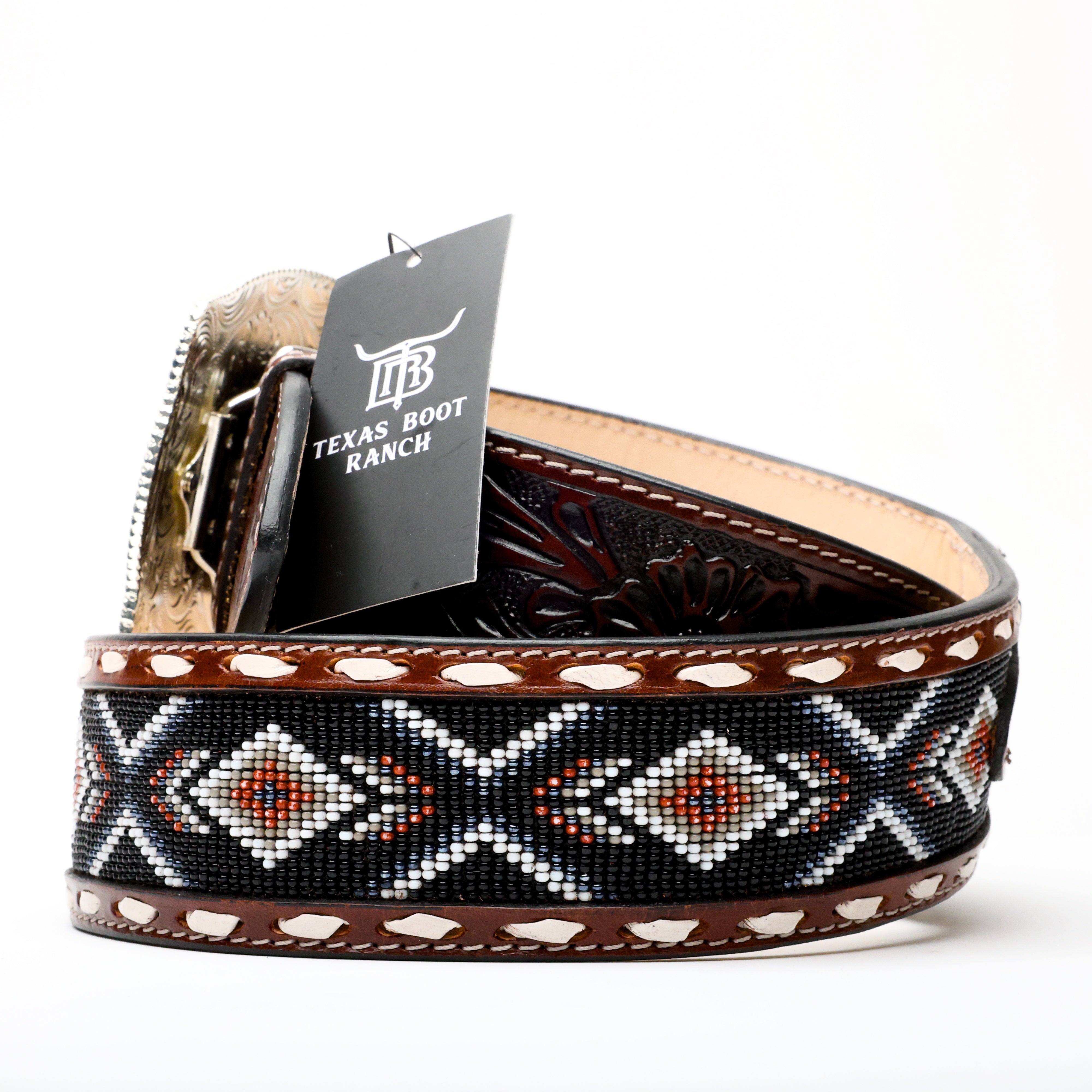 2 Inch Hand-Tooled Artesanal Beaded Leather Belt