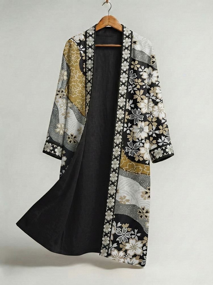 Men's Retro Floral Art Print Linen Long Kimono