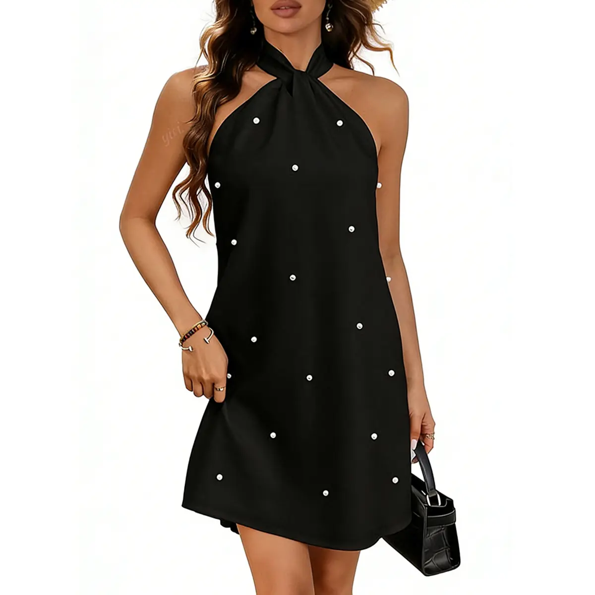 Women's Pearl Beaded Halter Twist Sleeveless Tie Back Dress A Line Dress