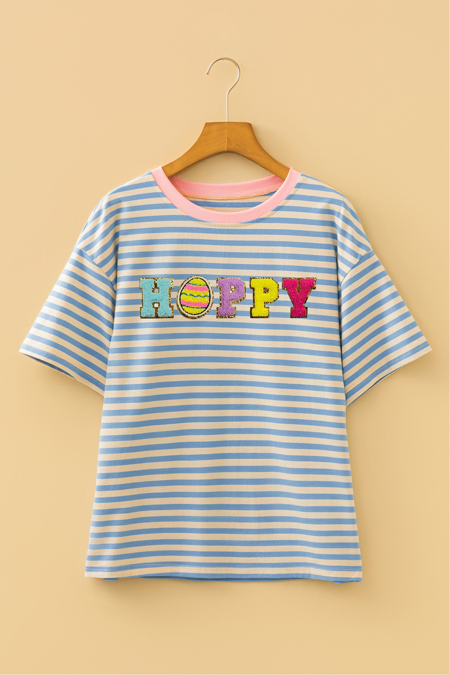 Sky Blue Stripe Hoppy Chenille Patched Graphic Crew Neck Tee