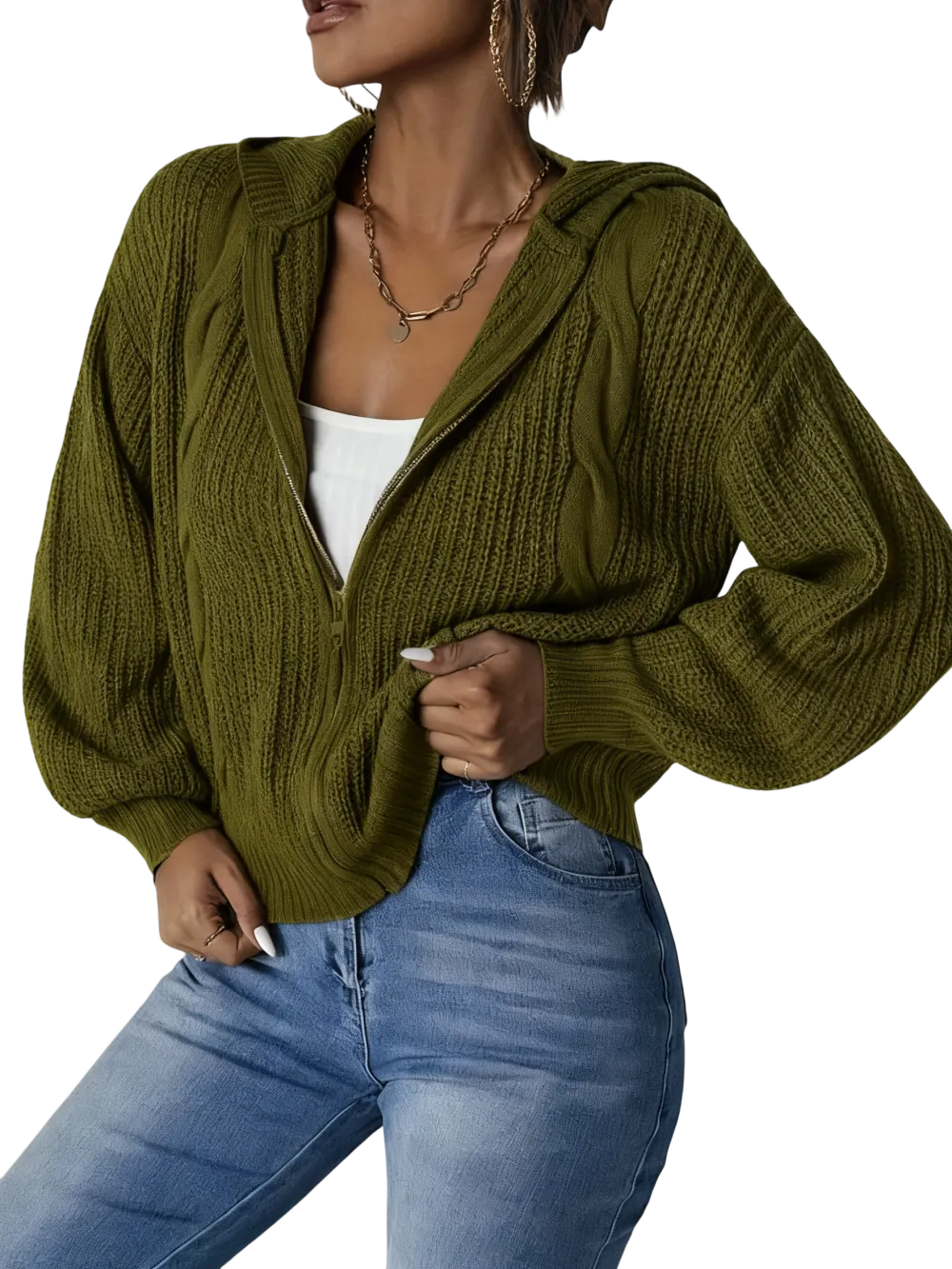 Women's Plain Zip Up Hooded Cardigan