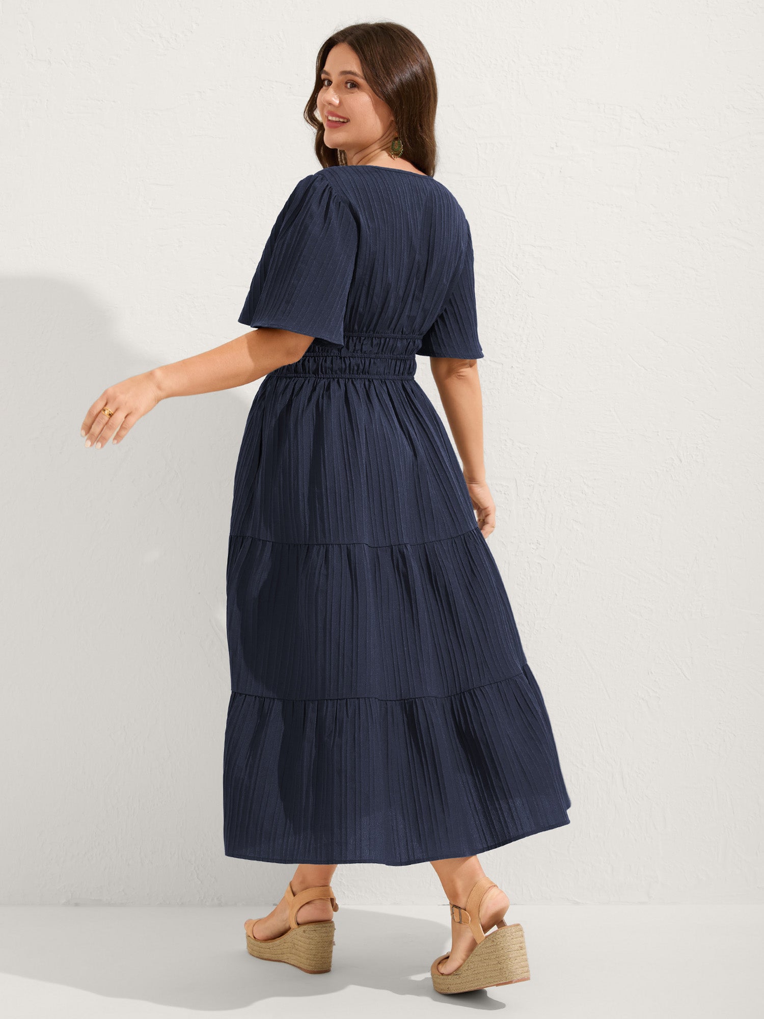 Textured Shirred Cinched Waist Maxi Dress