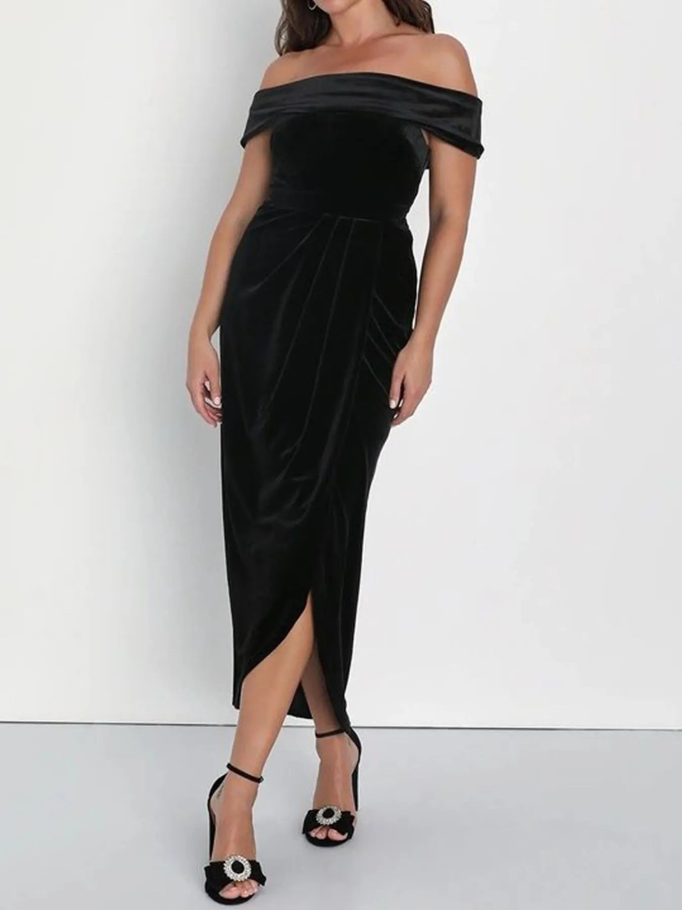 Off-Shoulder Wrap Dress with Side Slit