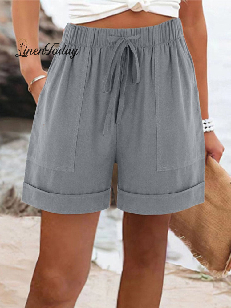 Women's Summer Casual Solid Color Drawstring Shorts With Pockets