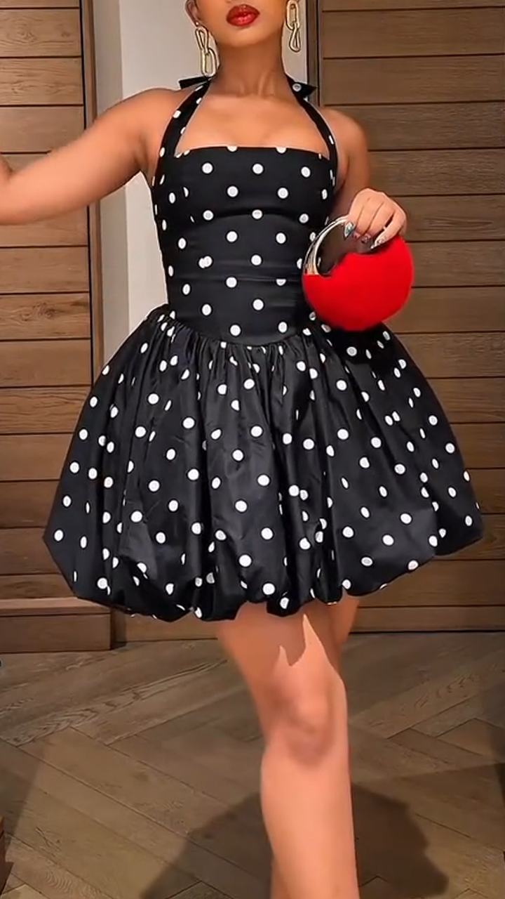 Womens Neck Hanging Polka Dots Elegant Temperament Dinner Party Style Dress