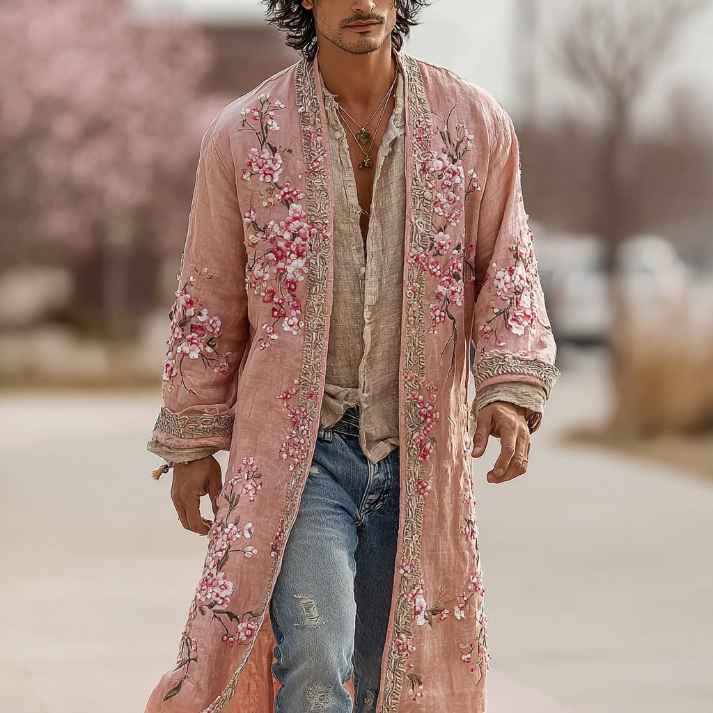 Men's Japanese Cherry Blossom Pattern Linen Blend Long Kimono