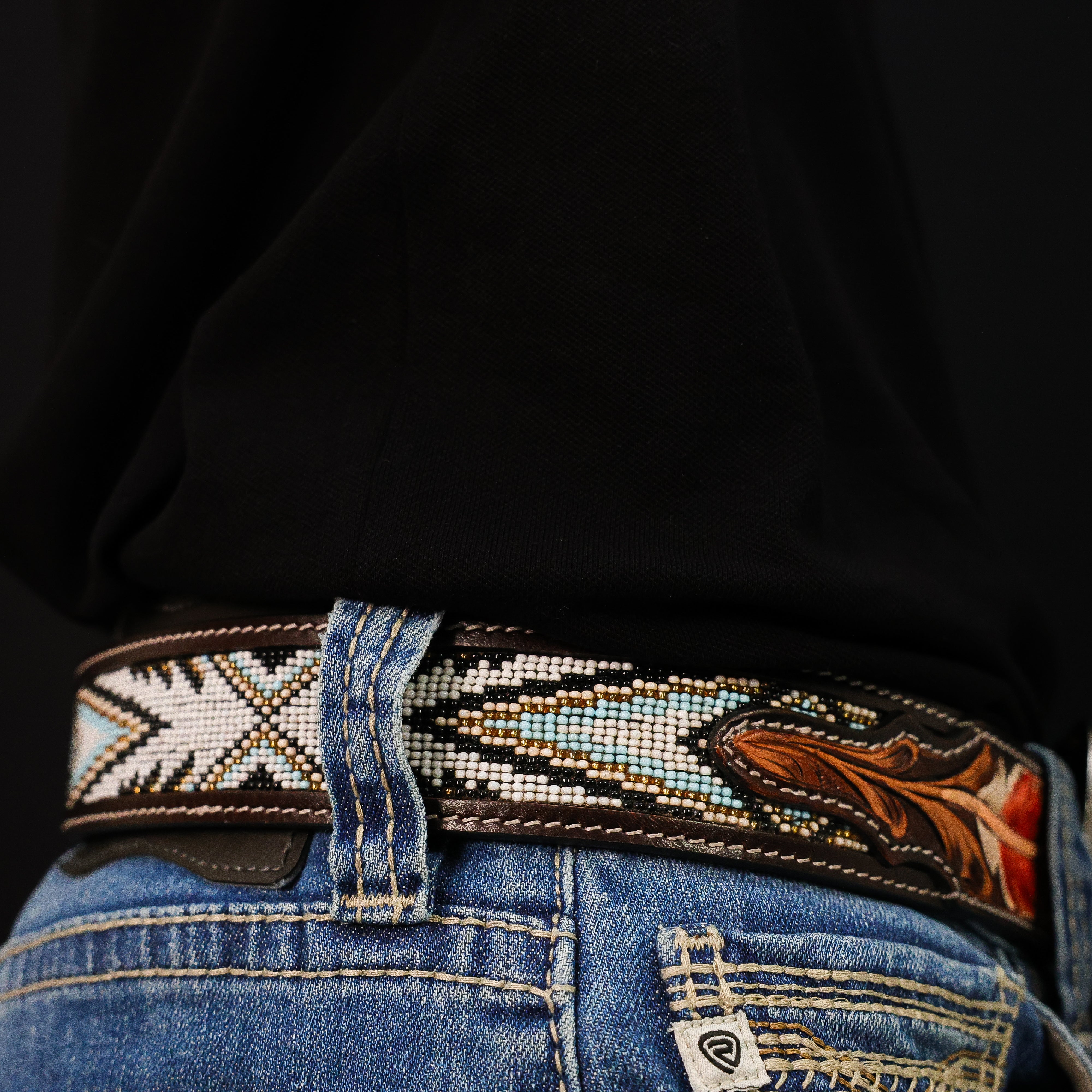 Hand-Tooled Artesanal Beaded Leather Belt