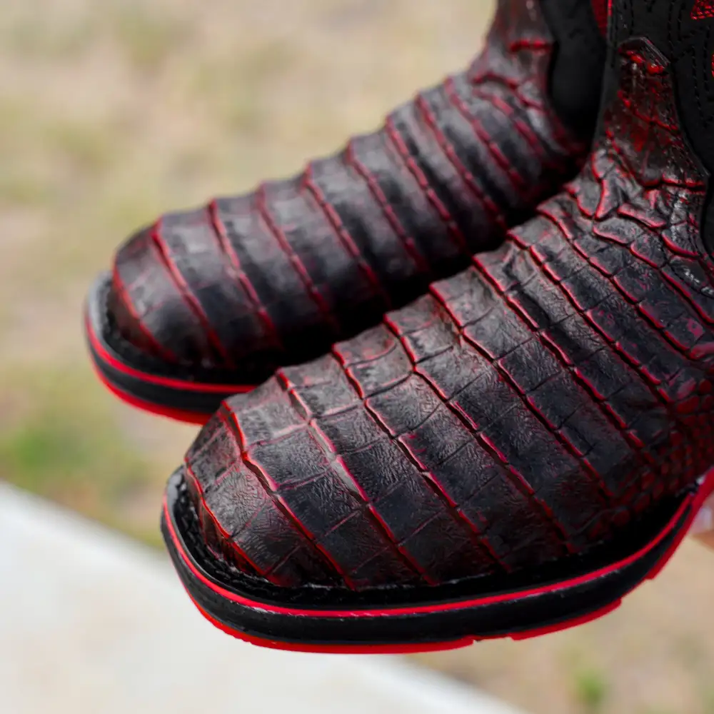 Black Cherry Caiman Belly Leather Boots With 3D Lightweight Sole - Composite Toe