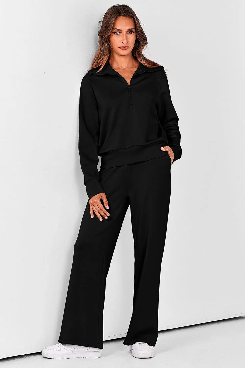 🔥Final Day Clearance!🛒Women's 2 Piece Outfits Casual Lapel Half Zip Sweatshirts And Wide Leg Pants Tracksuit Sets