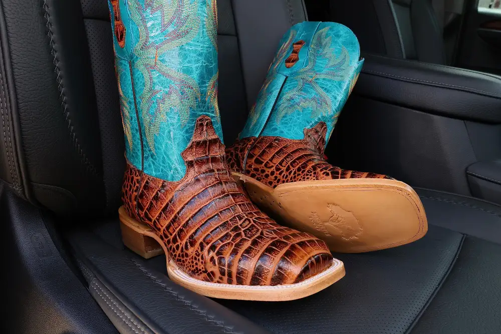 Cognac American Gator Belly Leather Boots — Square Toe