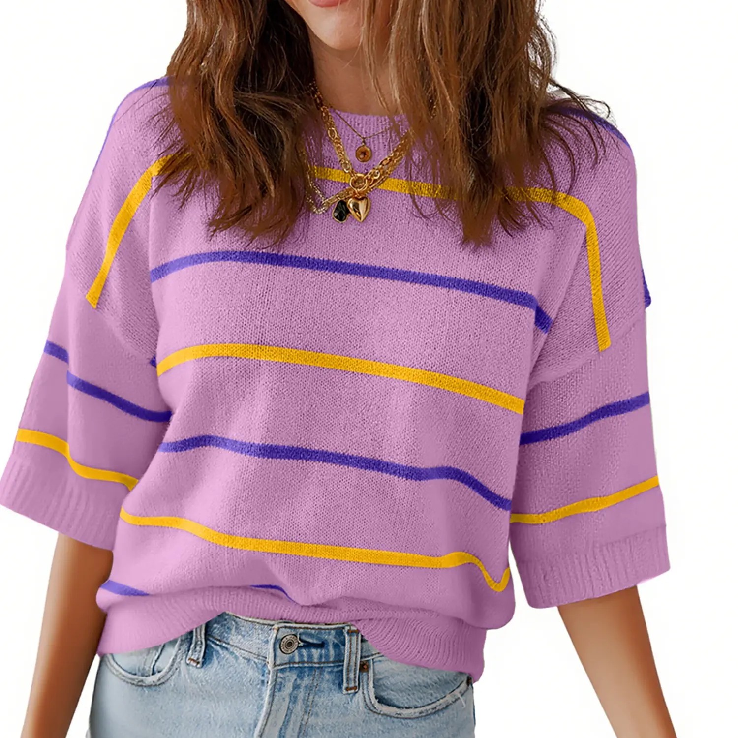 2026 Spring/Summer Women's Short Sleeve Striped Sweatshirt - Soft Breathable Fabric Crew Neck Pullover Top for Daily Wear