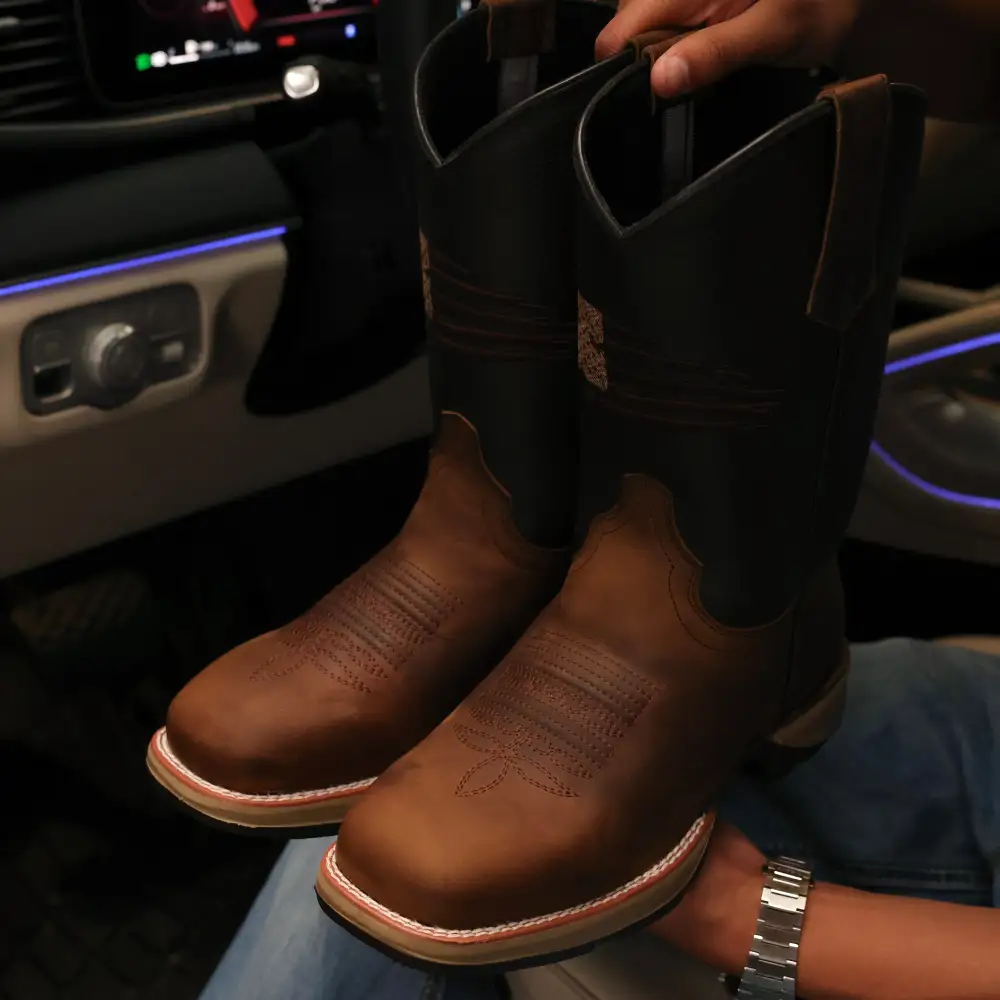 Distressed Brown “American Flag” Leather Work Boots - Square Toe