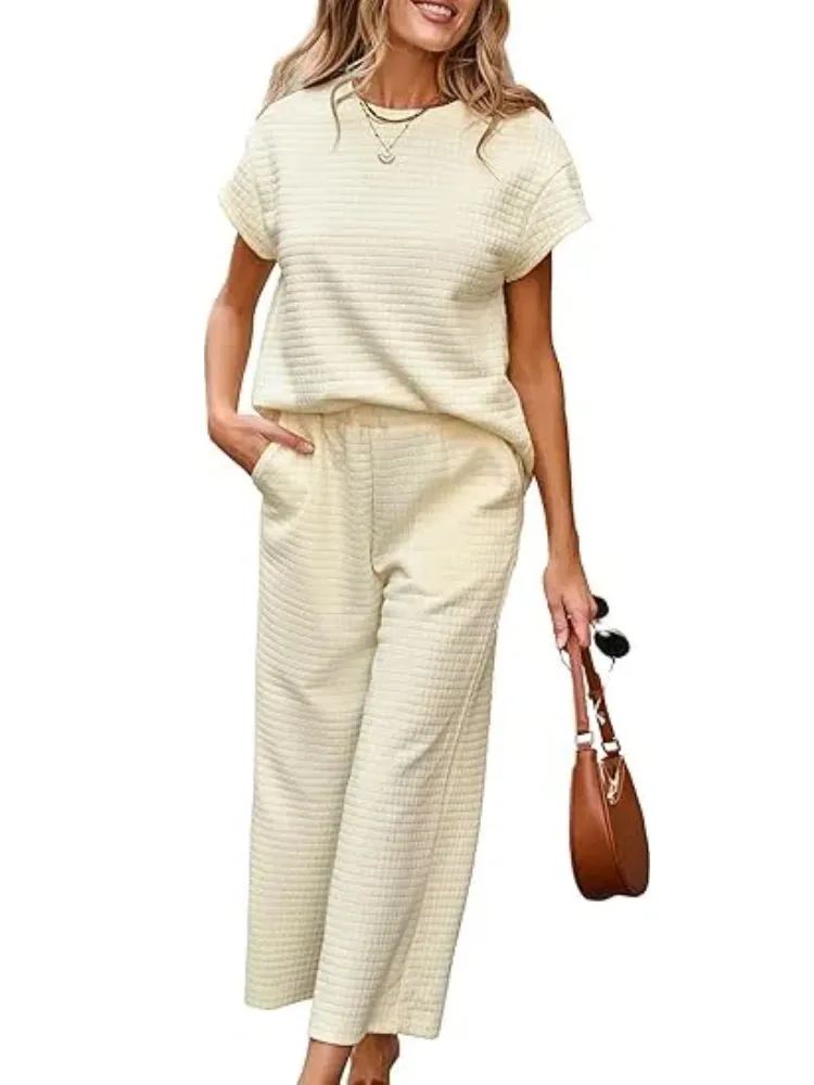 Women's Casual Textured Tops and Wide Leg Pants Lounge Sets
