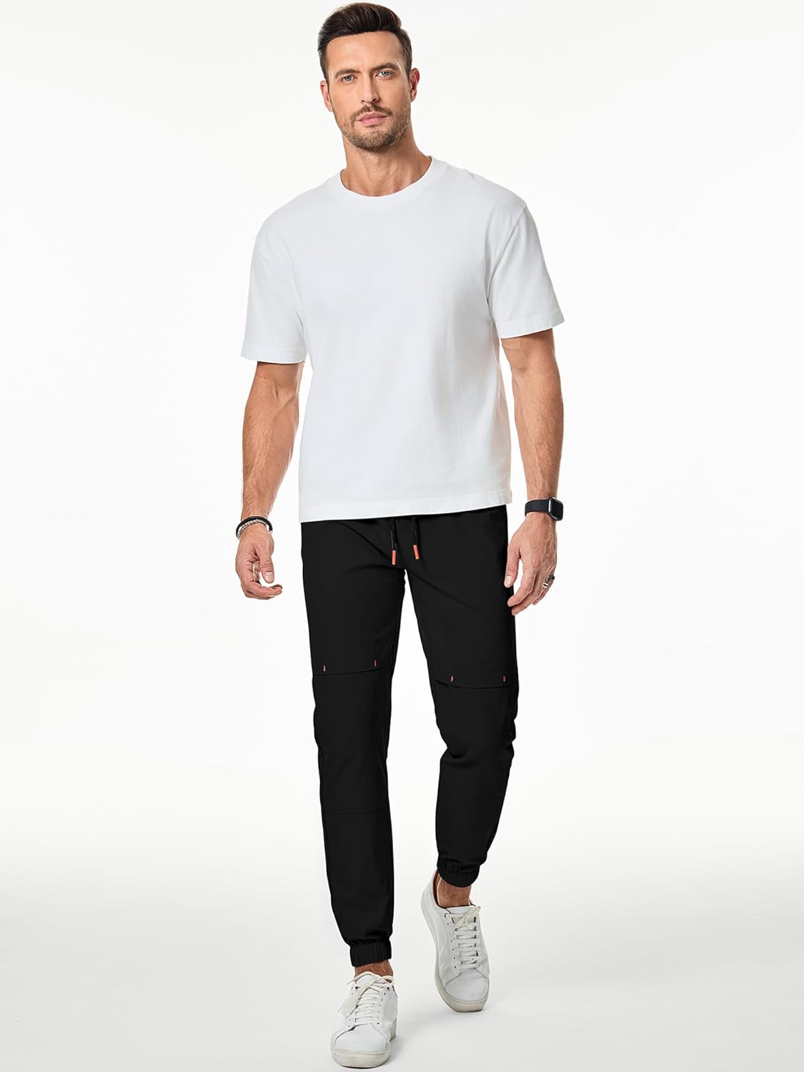 Mens Casual Basic Pants Multi-pocket Slim-fit Stretch Elastic Waist Drawstring Pants Tapered for Men