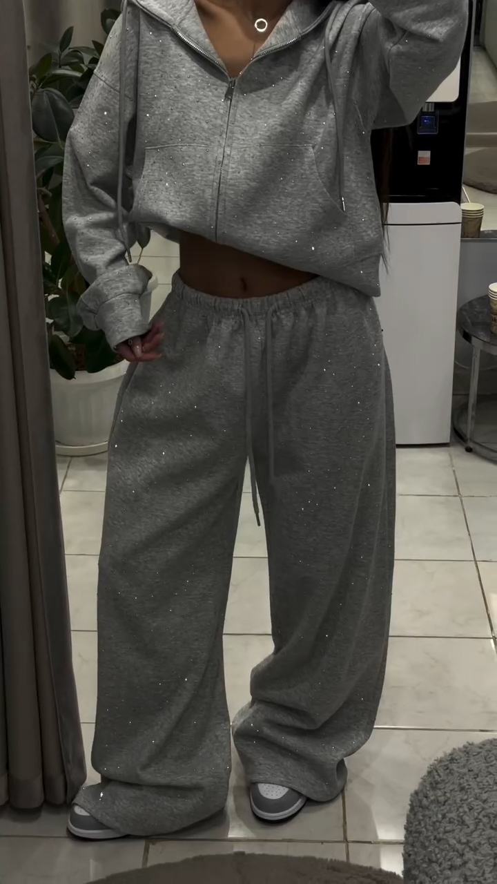 Women Round Neck Hooded Hot Stamping Rhinestone Casual Set