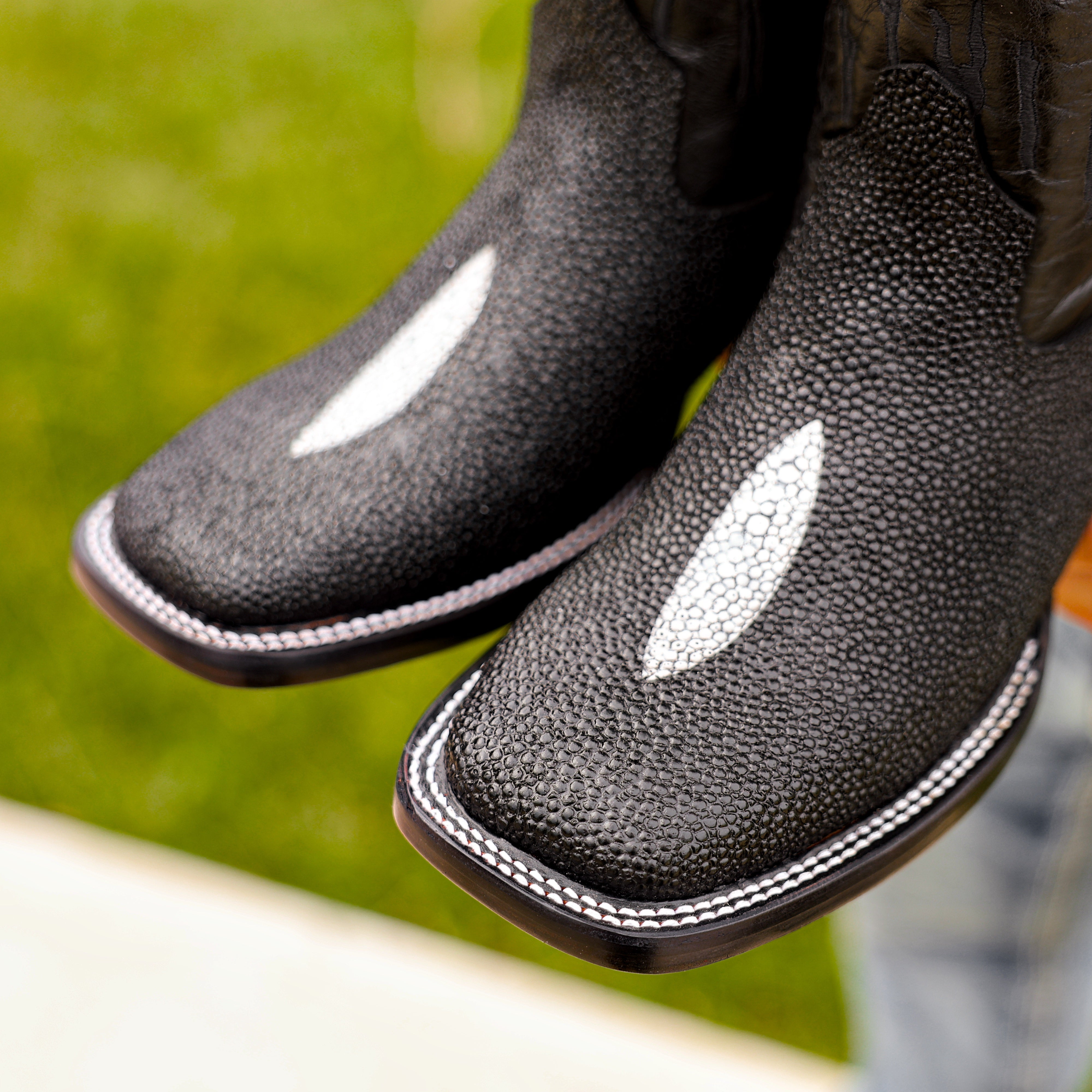 Black Stingray Leather Boots - Square Toe