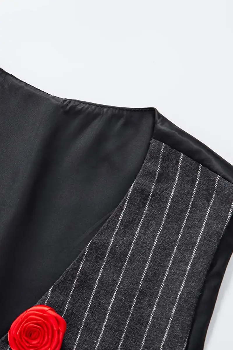 Pinstripe Pattern With A Red Rose Brooch And Chain Pocket Single-Breasted Suit Vest