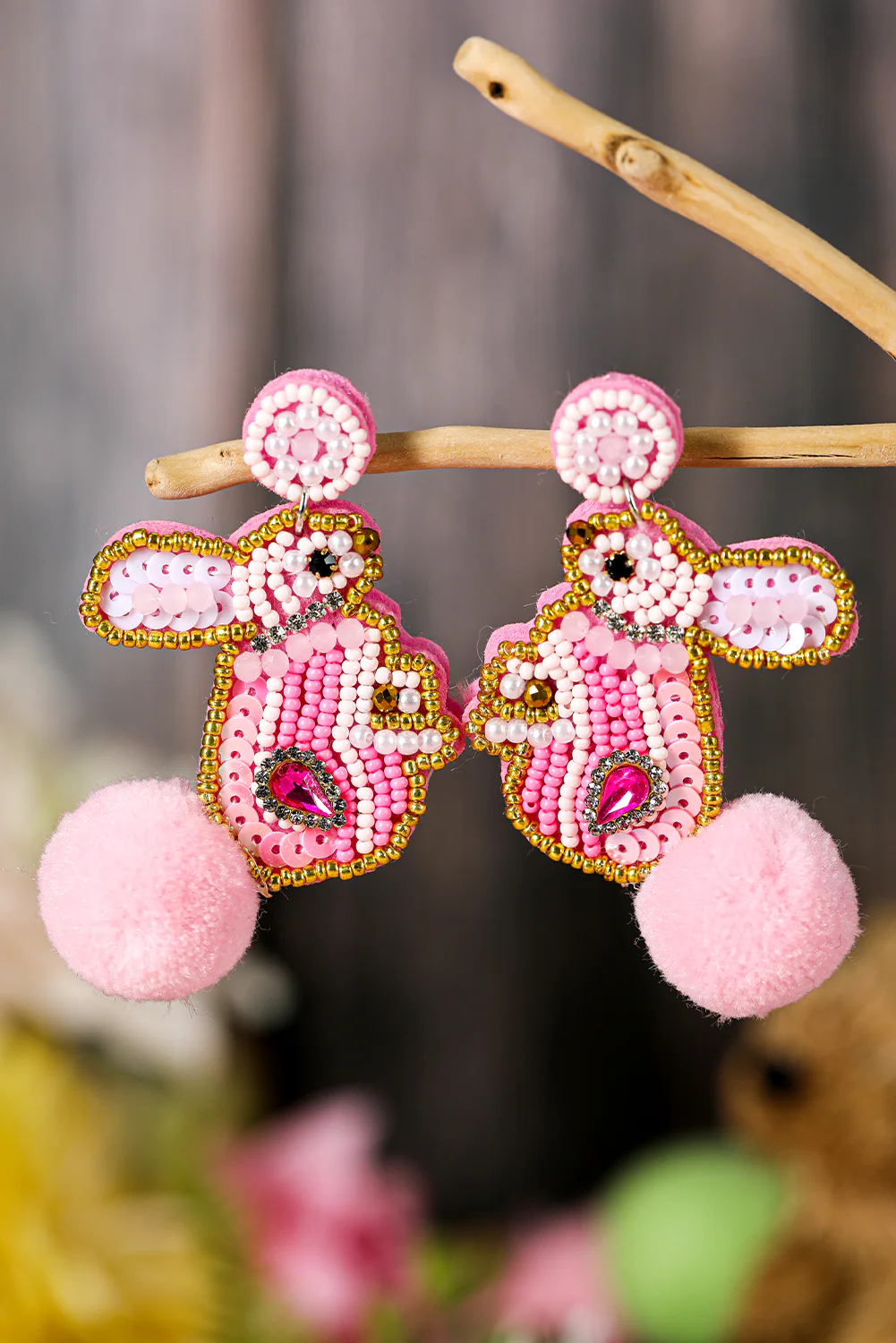 Pink Beaded Easter Bunny Fluff Stud Dangle Earrings