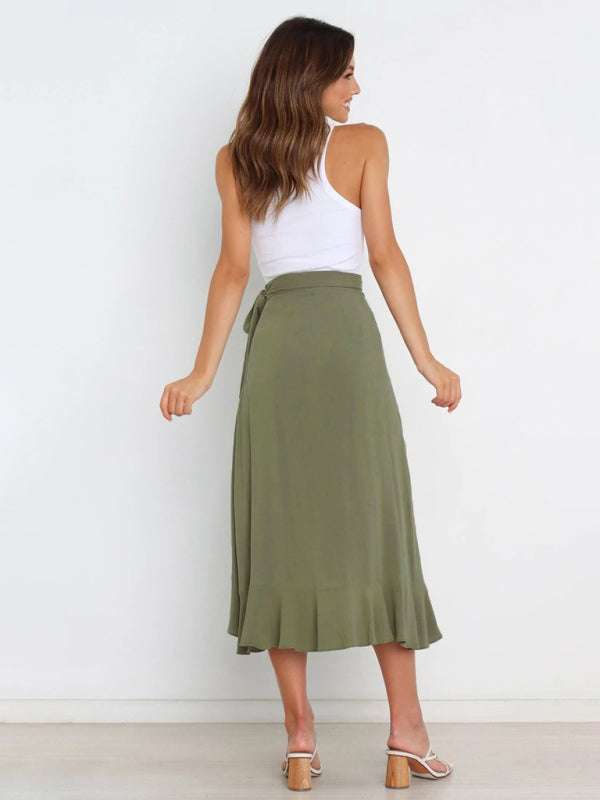 Waist Tie Solid Color Irregular Midi Flare Skirt