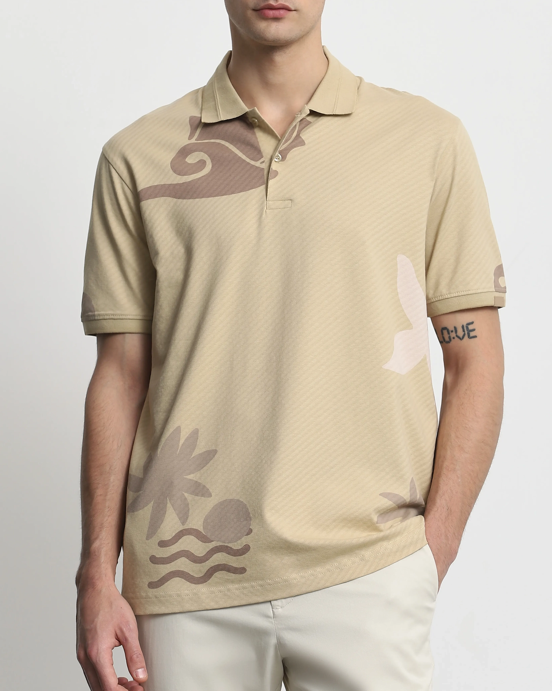 Daily Simple Soft  Beige Brocade Texture Polo Shirt