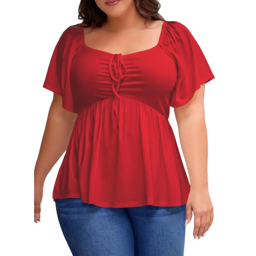 Women Plus Size Sweetheart Neck Short Sleeve Shirred Peplum Blouse Tops Shirts