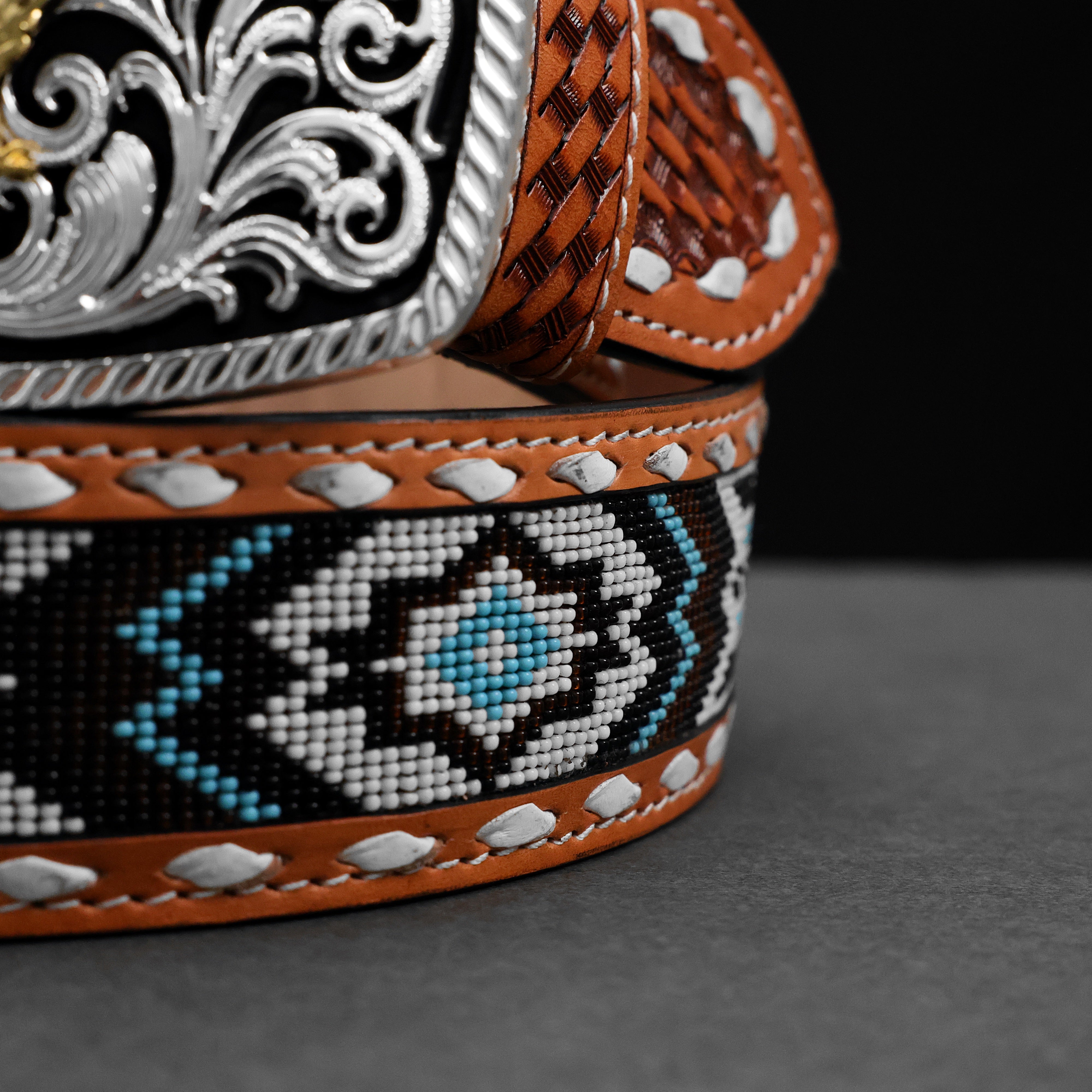 2 Inch Hand-Tooled Artesanal Beaded Leather Belt