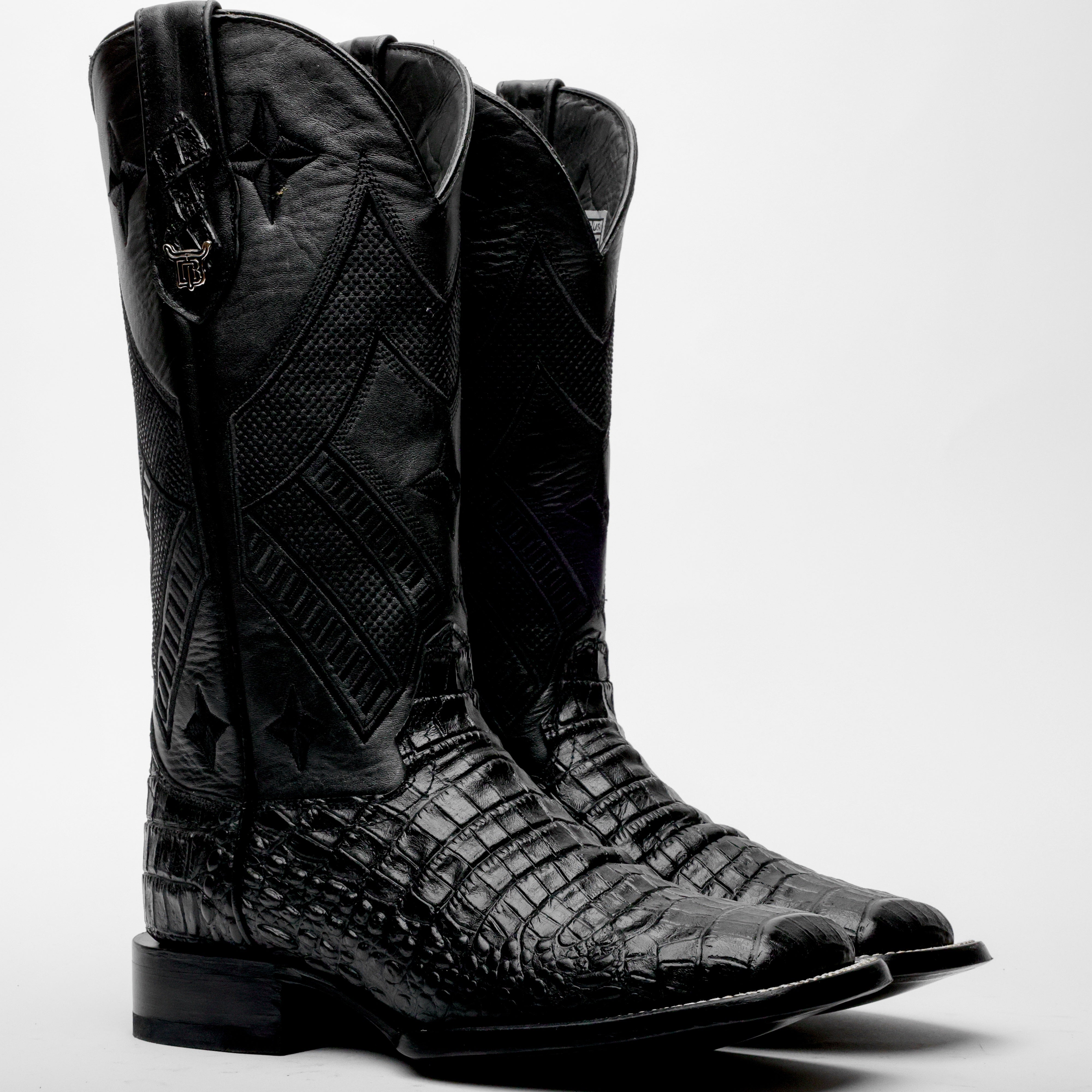 Total Black Caiman Belly Leather Boots - Square Toe