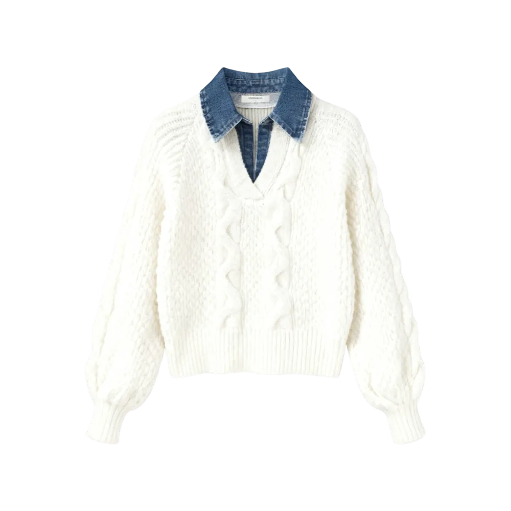 Denim Panel Ribbed Lapel Sweater