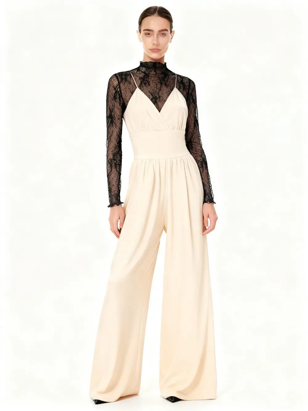 Women's Solid Color Lettuce Trim Mock Neck Sheer Lace Top & Pocket Wide Leg Cami Jumpsuit