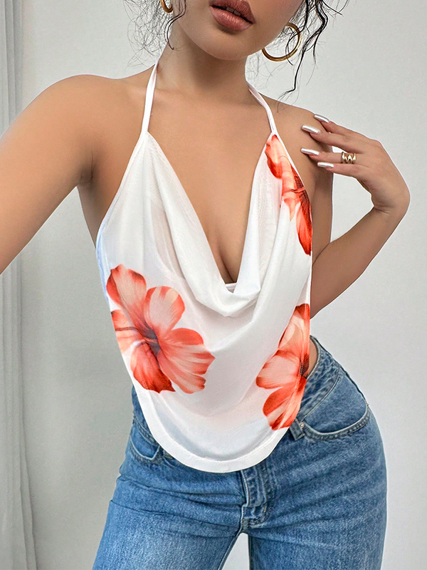 Flower Print Sleeveless Halter-Neck Vest Top