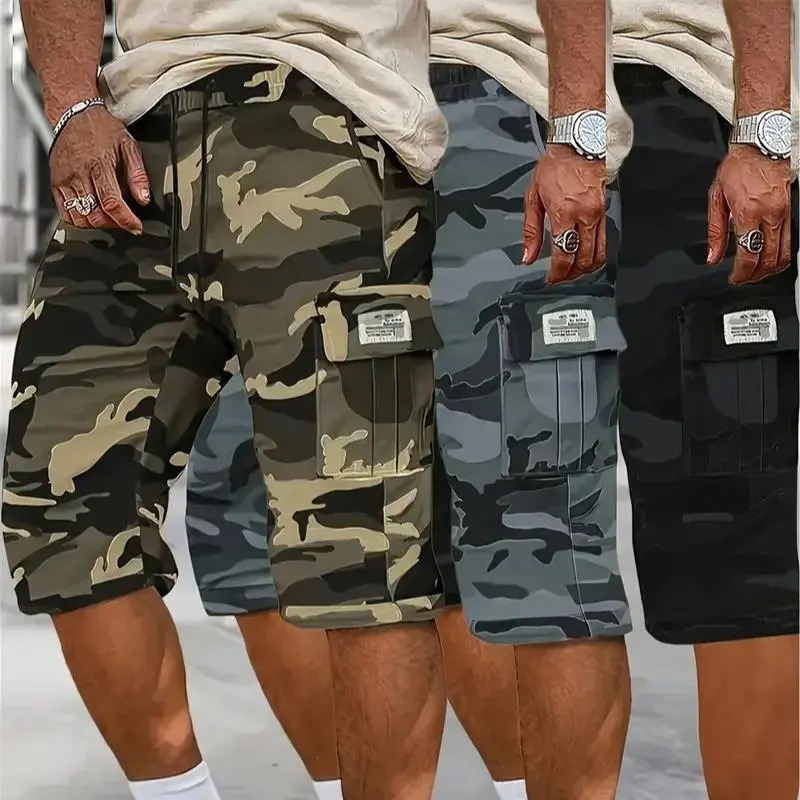 Camouflage Twill Pocket Shorts Men's Casual Khaki Green Black Trousers Suitable For Daily Wear Outfit