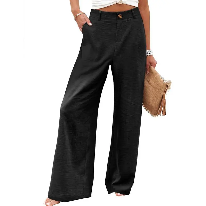 Womens Cotton Linen Pants Casual Button Up High Waisted Wide Leg Trousers Wideleg Loose Womenswear Apricot