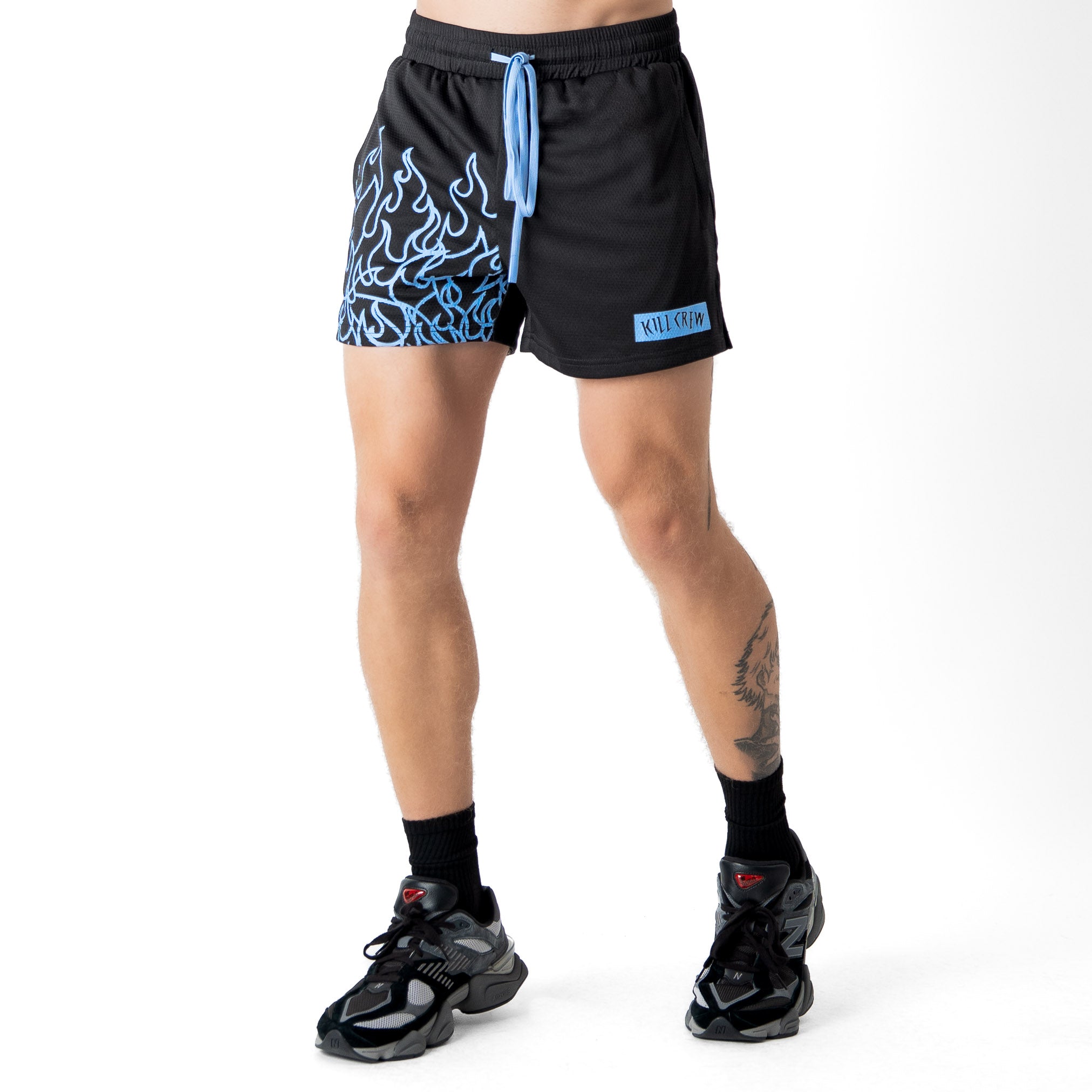 MUAY THAI FLAME SHORTS (MID THIGH CUT) - BLACK / BLUE