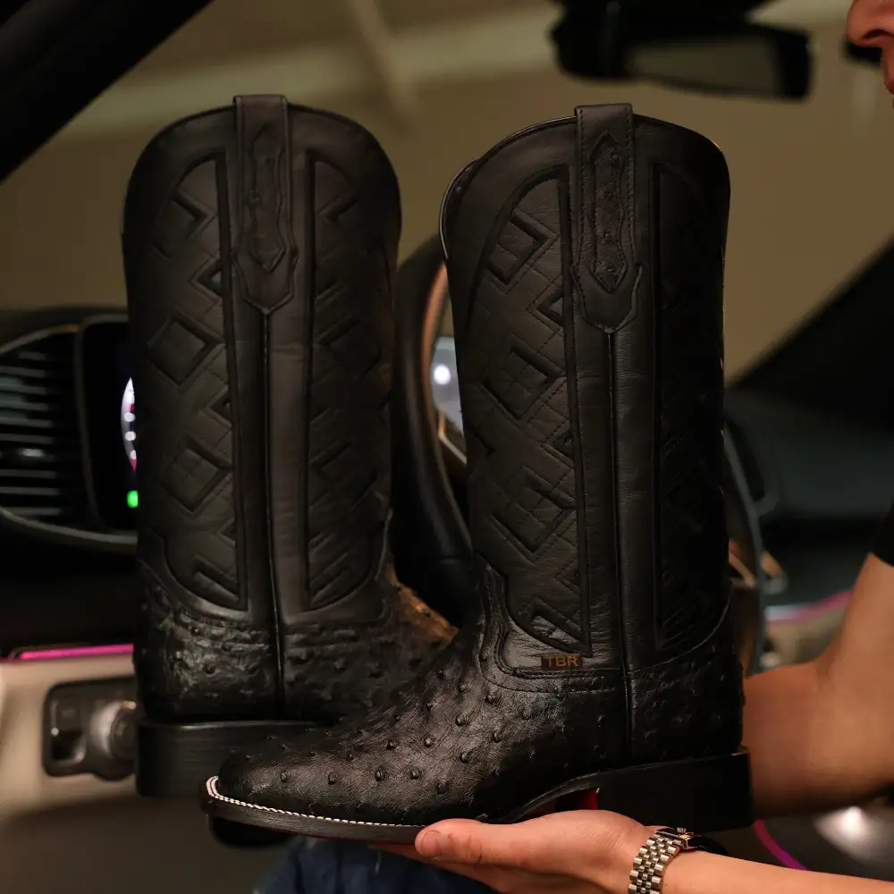 Black Ostrich Leather Boots - Square Toe