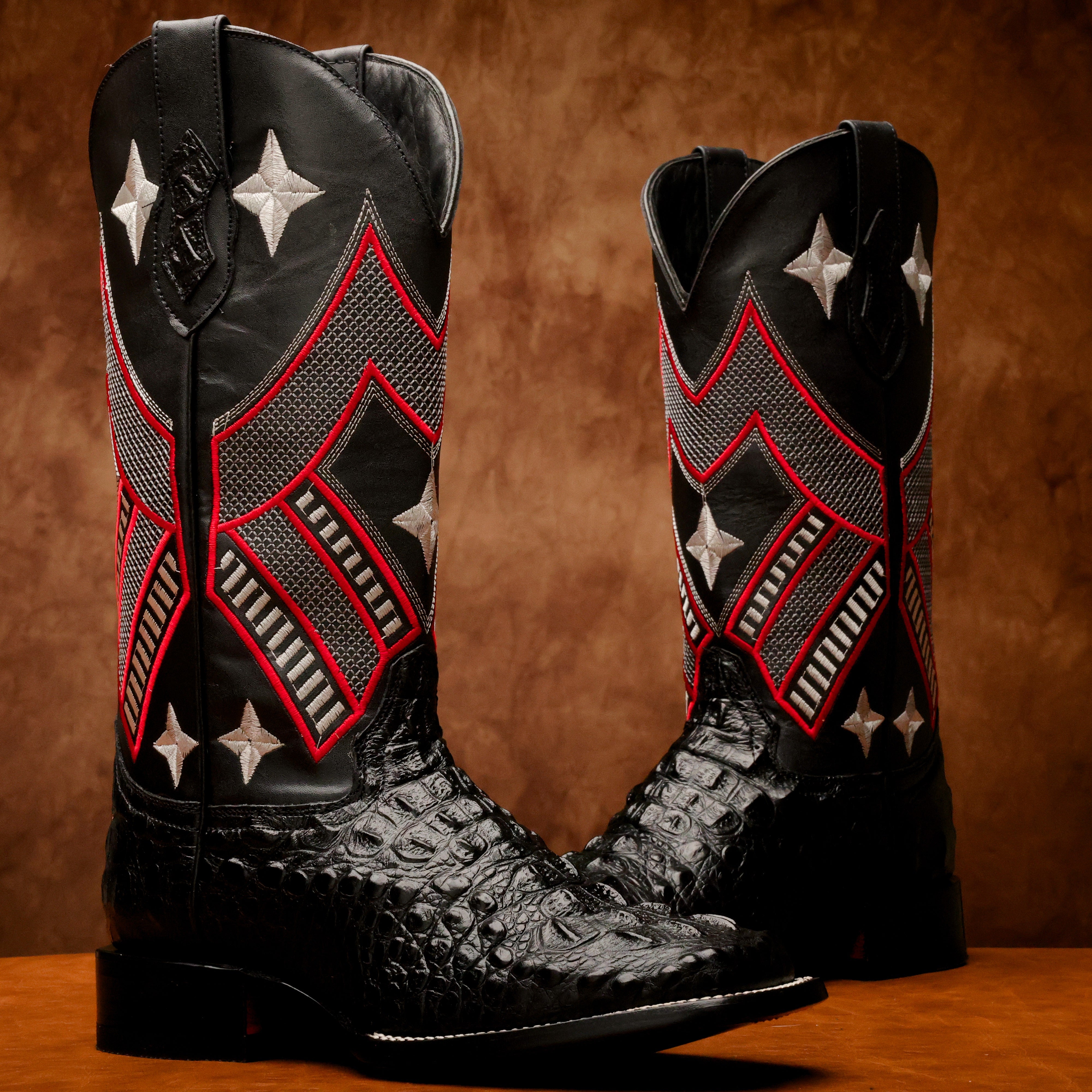 Black Caiman Neck Leather Boots - Square Toe