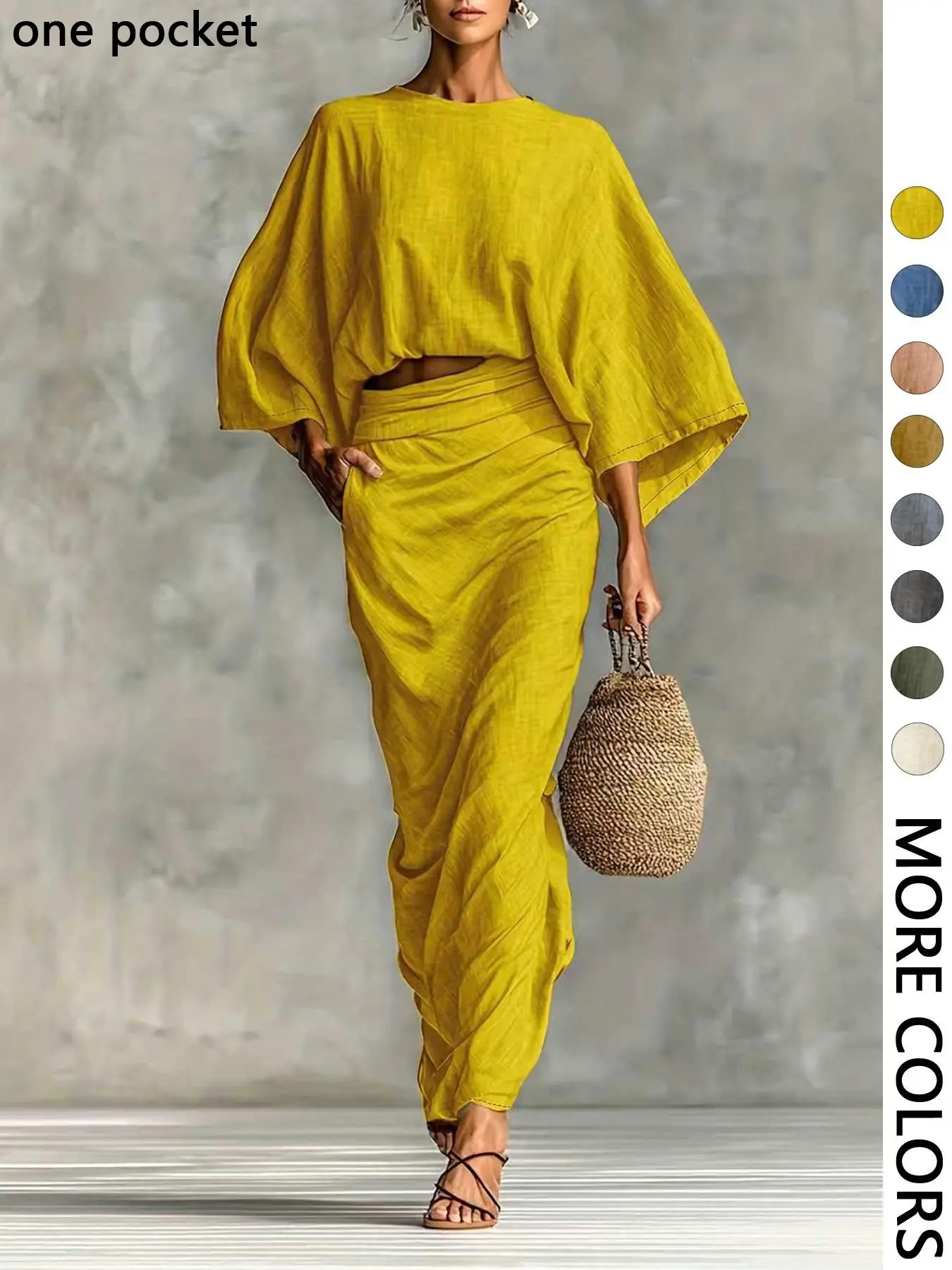 Women's Stylish Loose-Fitting Casual Two-Piece Set, Spring & Fall Comfortable Long Skirt with Waist Definition and Pocket one pocket