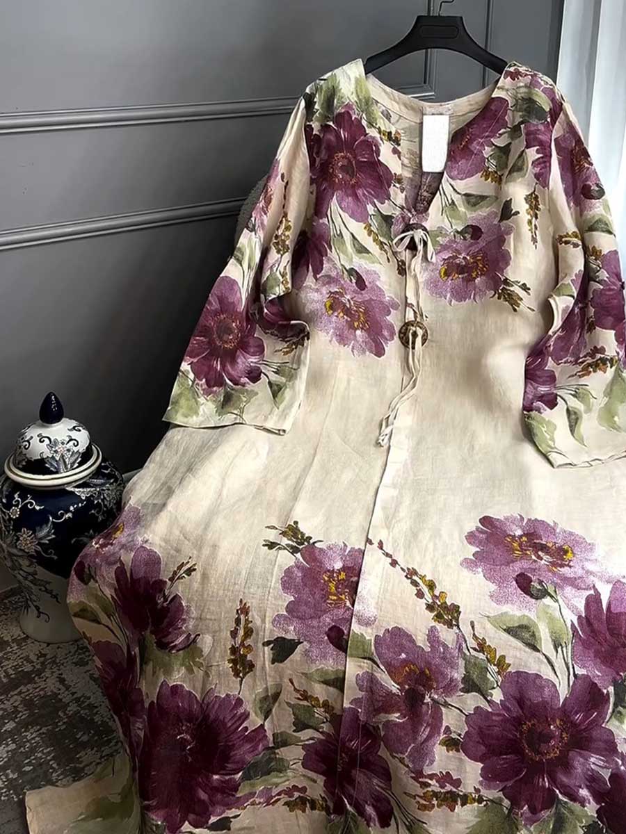 Women's V-neck Long Sleeve Vintage Positioning Print Casual Loose Cotton and Linen Dress