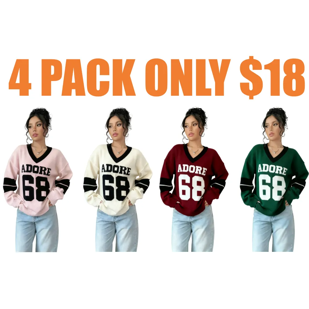 Autumn Winter Color Block V Neck Sweater for Women