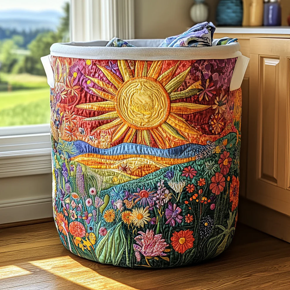 Bright Meadow Quilted Laundry Basket  | sun  flowers