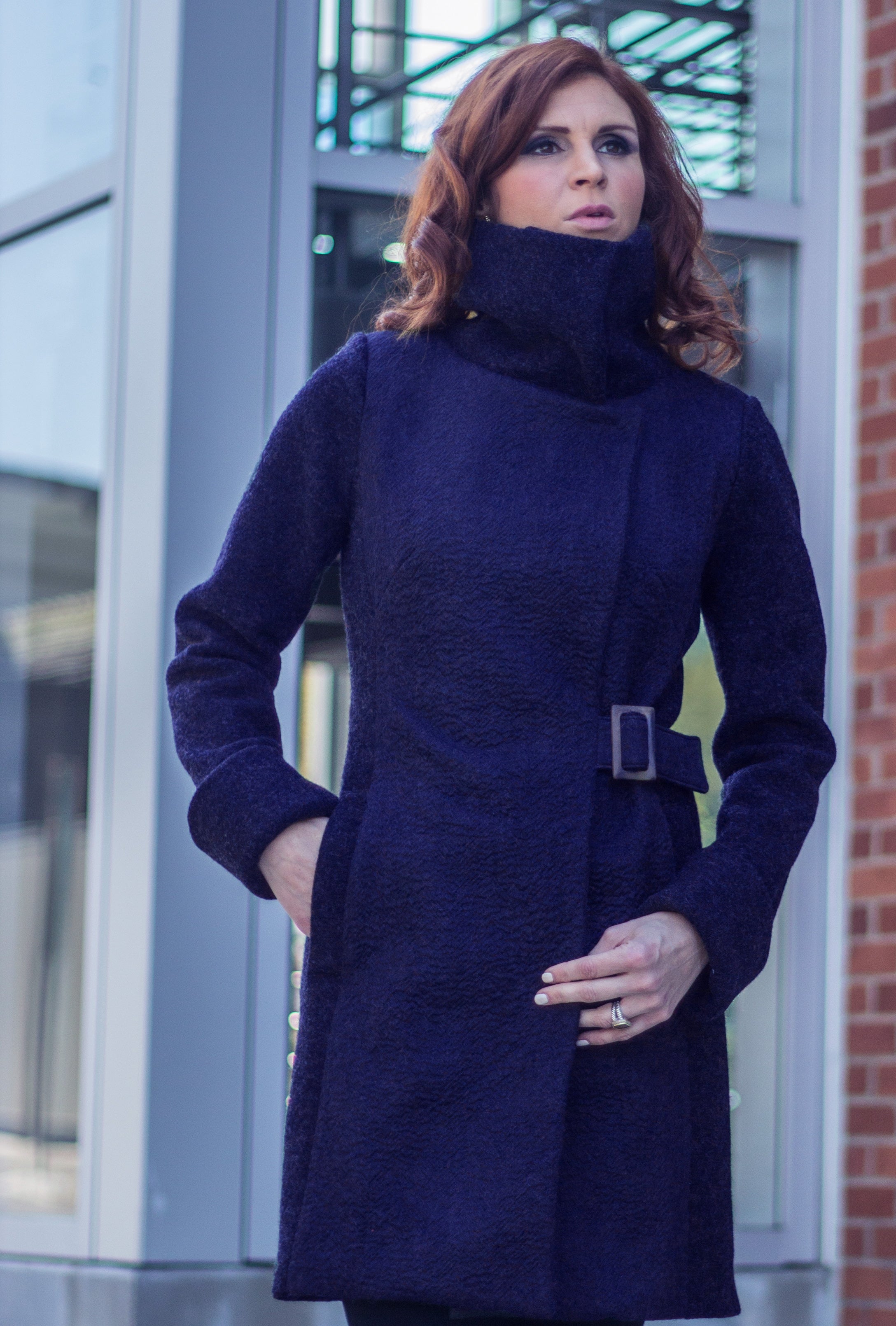 NAVY WAVE COWL NECK COAT