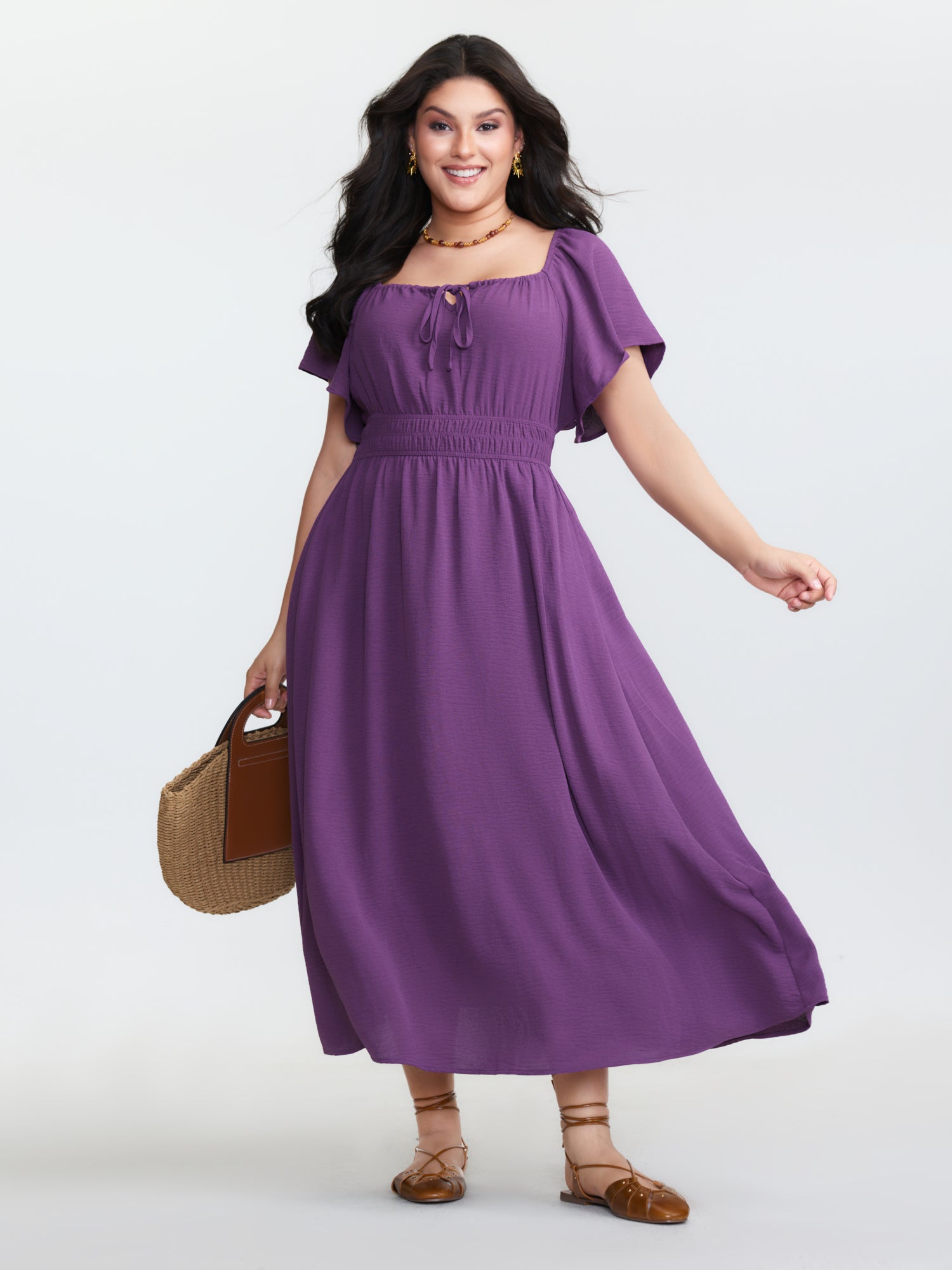 Square Neckline Shirred Waist Maxi Dress